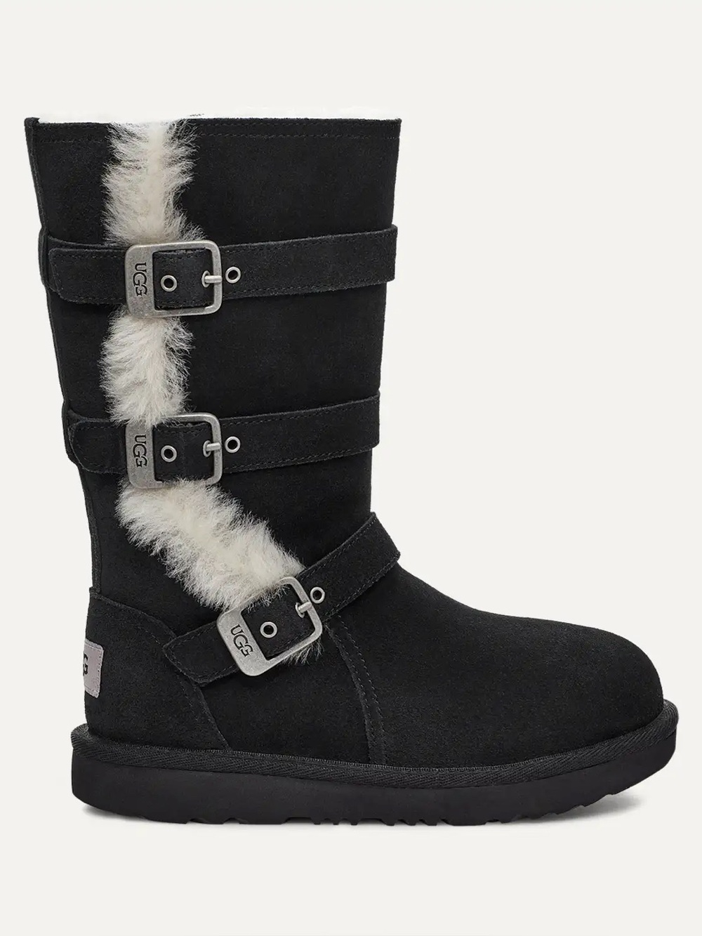 UGG Maddi Black Buckle Fur Boots, Size 4
